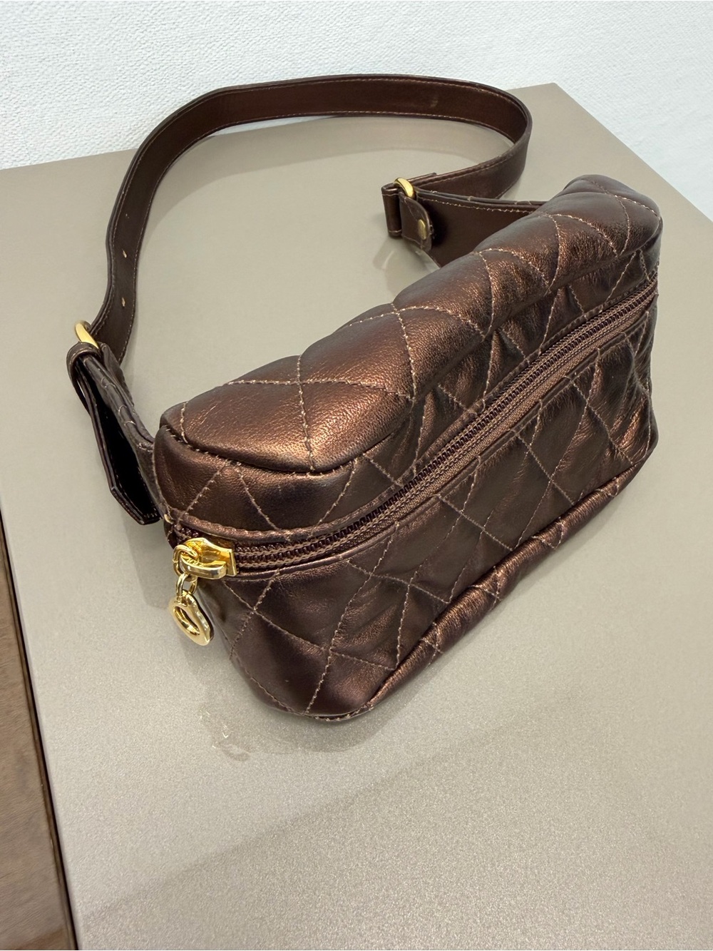 Quilted Brown Crossbody Belt Bag with Gold Hardware